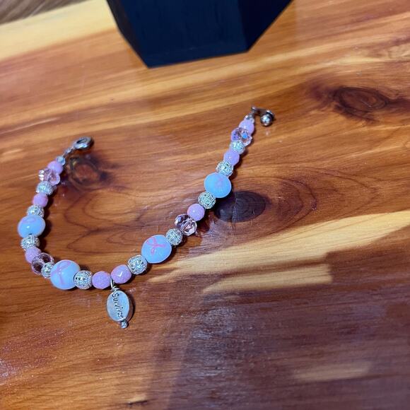 Teng Yue Pink Ribbon Breast Cancer Support Beaded Bracelet White Silver Tone - Picture 8 of 8